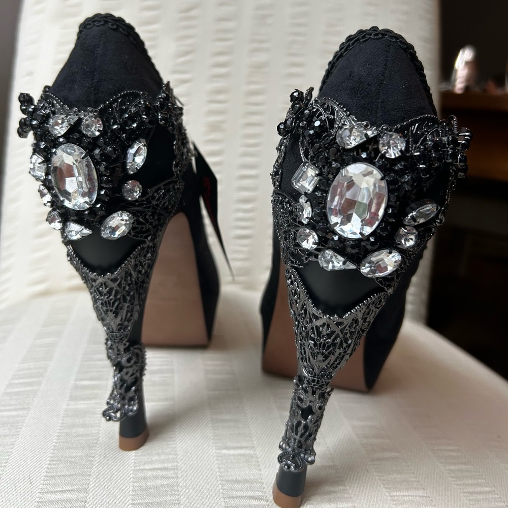 Hades Black Heels with lace trim, metallic & rhinestone Embellishments.